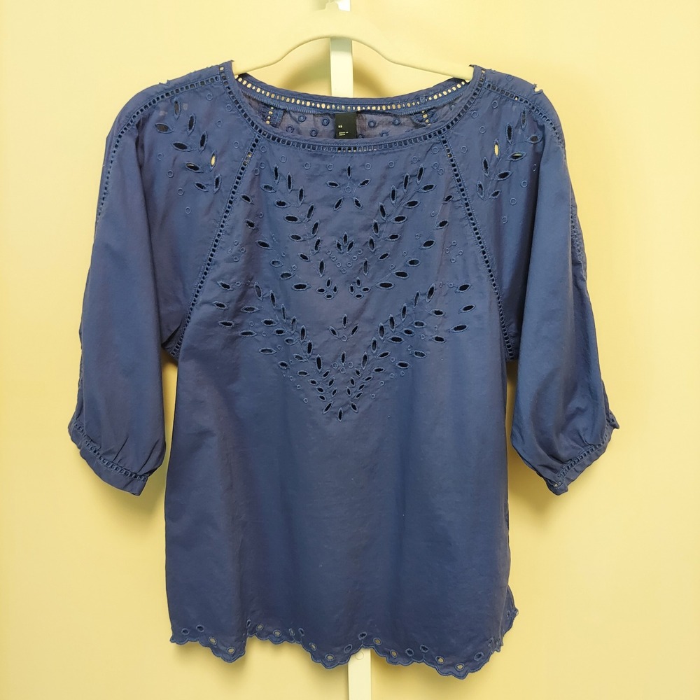 Gap Womens Eyelet Embroidered Blouse Blue Cotton Puff Sleeve Top XS Preppy - Picture 2 of 7